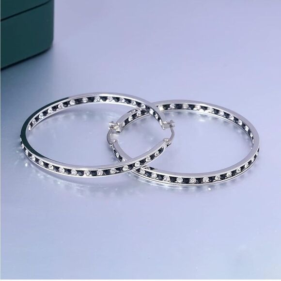14K White Gold with Black Onyx and White Diamond Cubic Zirconia Hoop Earrings - Picture 4 of 6